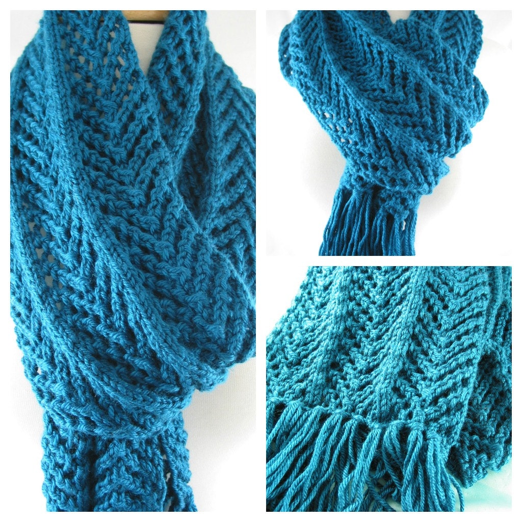 Teal Hand Knit Extra Long Scarf with fringe