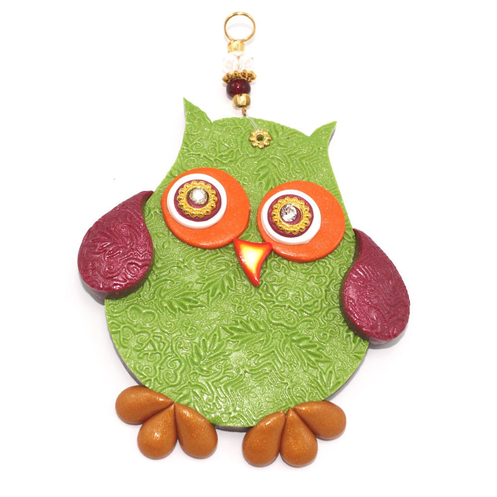 Chidren room decor, owl wall decor, polymer clay elegant owl in maroon, green, orange, gold and red