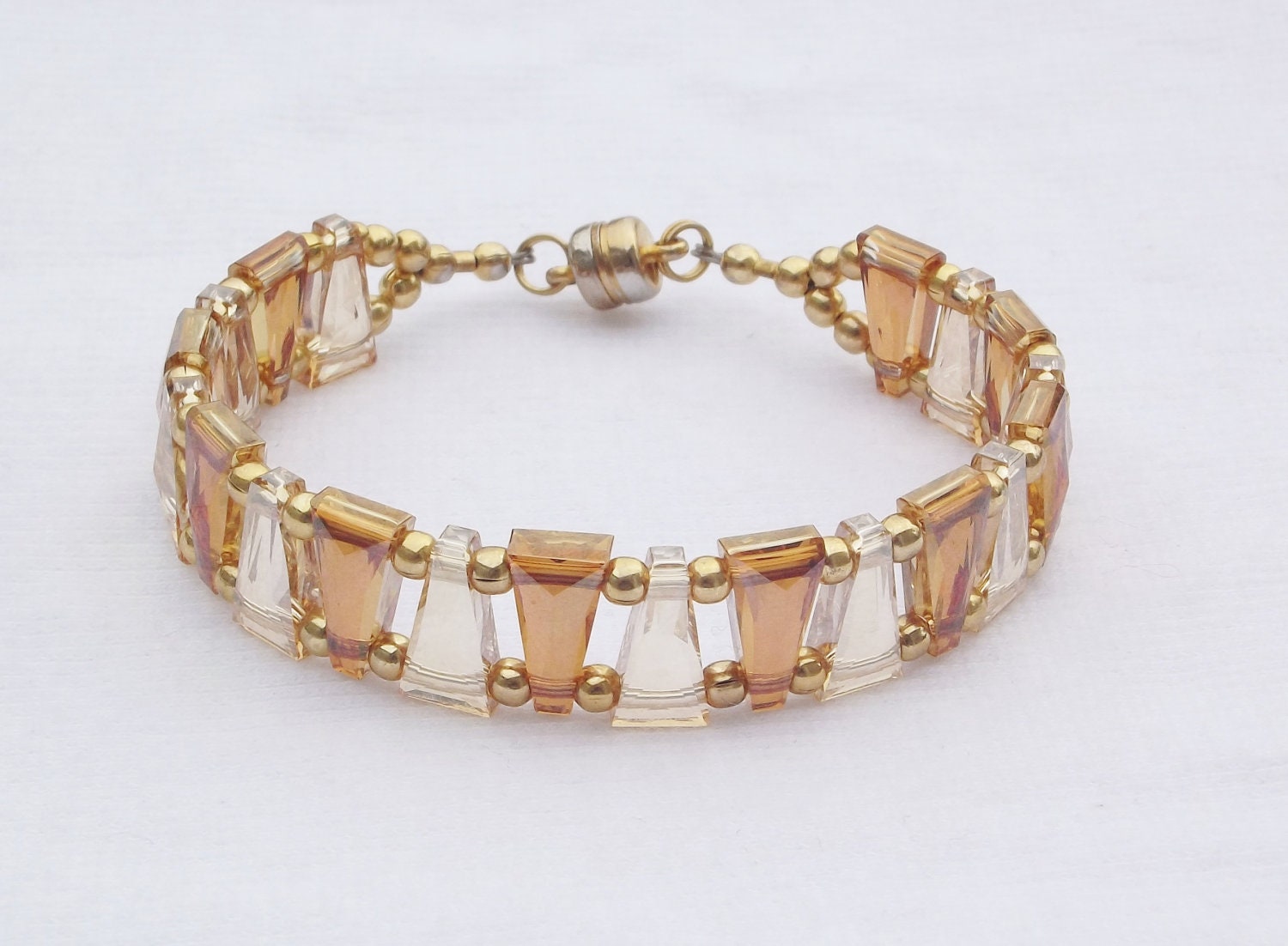 Hand-Made Bracelet, 14K Gold-Plated, Swarovski Crystal, Cuff, Beaded, Sparkly, Special Occasion, Topaz, Copper, 7 1/2" long