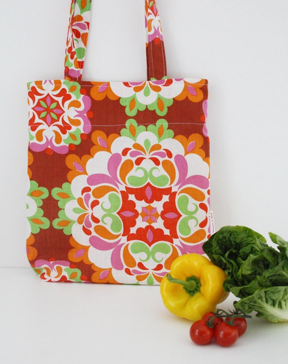 Upcycled vintage tote bag red, orange, purple, green, red