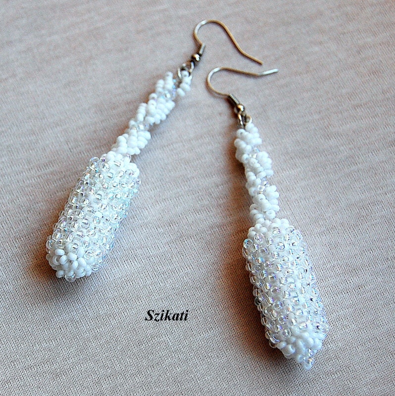 Beaded white earrings, unique shape, OOAK