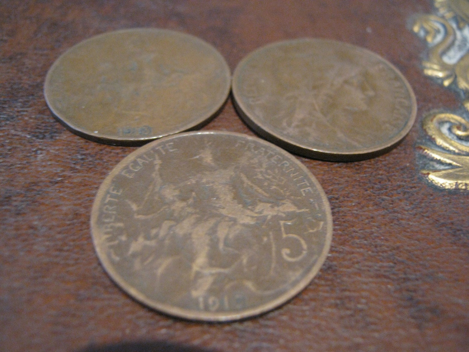 Pretty French Coins - Three 5 Centimes Coins