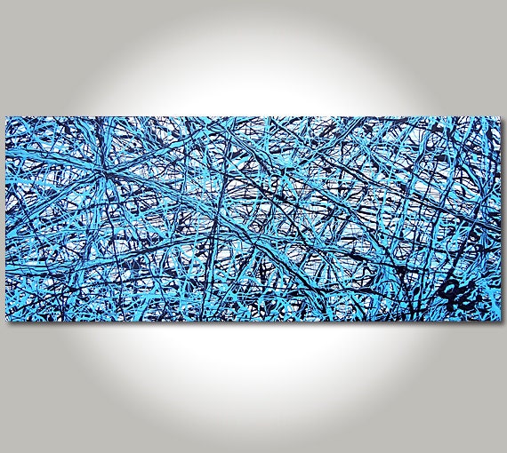 ORIGINAL Abstract Jackson Pollock style, Black, Blue, Light Blue, Mixed Media Arcylic & Oil Painting Size: 40 x 16 x 1.5 - FINEARTbyJC