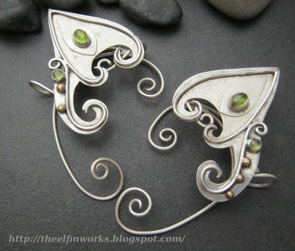 Sterling silver elf ear wraps, upper ear ornaments, green peridot gem stones, graceful pointed ears, handmade ear cuffs
