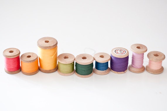 Vintage wooden spools with thread - rainbow colors - made in Soviet Union