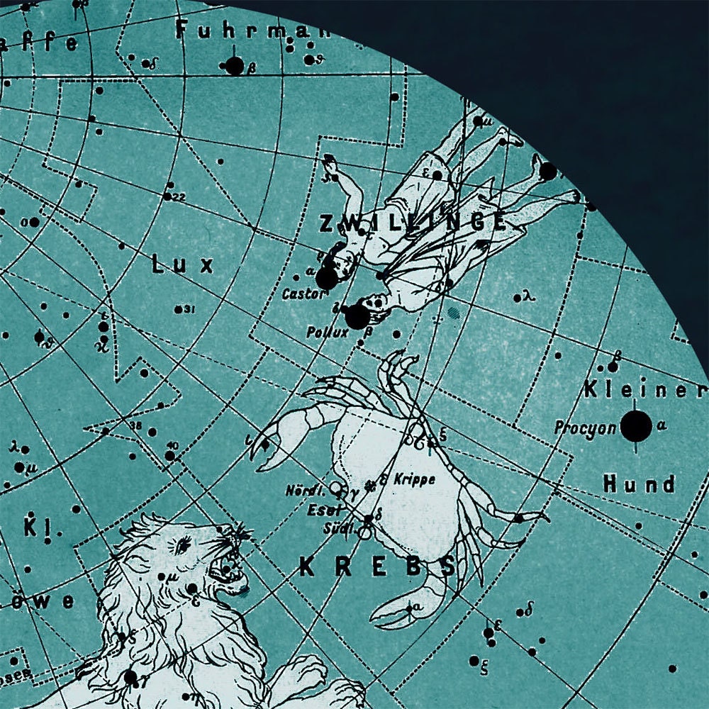 Cancer and Leo Constellation  Stars Map Zodiac  Print Vintage Image