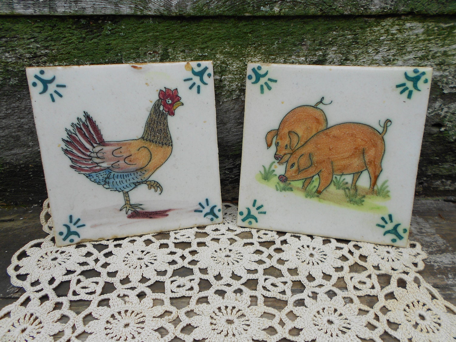 ANIMAL TRIVET TILES -From Portugal 1 - Pig and 1 - Rooster Tiles or Trivets - Vintage, Excellent Condition