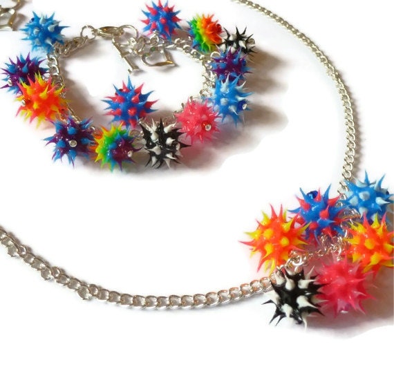 Quirky Multicoloured Spiky Rubber Bead Bracelet and Necklace Set.