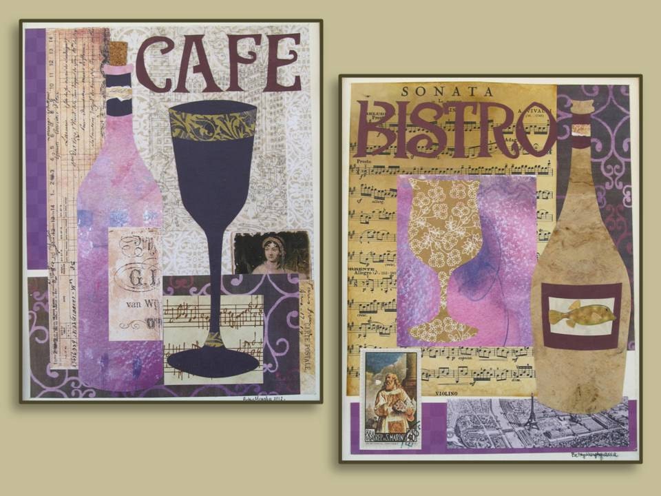 Wine Bistro Pair, Original Collage Wall Art, Wine Lover Art, French Bistro Decor, 11 x 14 in. Purple Violet Gold