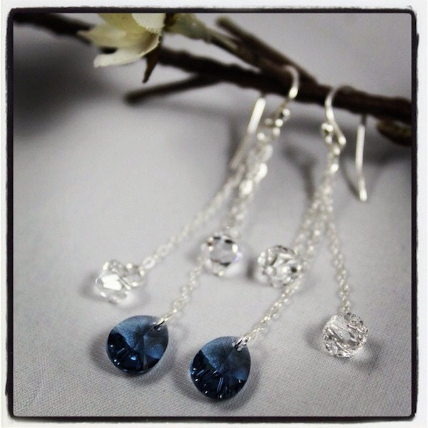 Denim Blue & Crystal (Clear) Swarovski Earrings, Sterling Silver, Long Chain, Dangle, Pear, Bicone Drop, Bridal/Wedding Jewellery