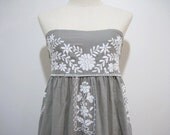 Mexican Hand Embroidered Sundress Cotton Strapless In Gray
