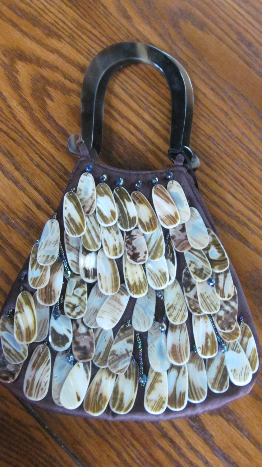Mad by Design Adorable Mother of Pearl Shell and Natural Horn  Beaded Hand Bag Purse Gorgeous Handles Brown Silk Handmade