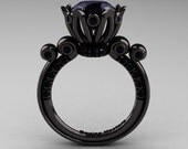 French Antique 14K Black Gold 3.0 Carat Black Diamond Solitaire Wedding Ring Y235-14KBGBD