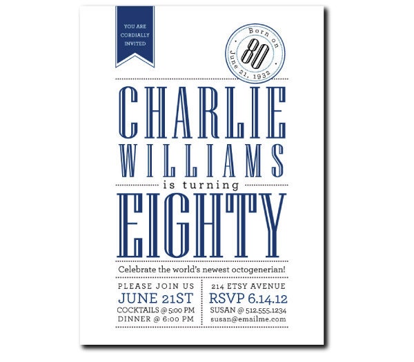 Milestone Birthday Invitations - Red, Navy, or CUSTOM color - Digital File or Print Deposit - 40th, 50th, 60th, 70th, 80th, 90th, etc.