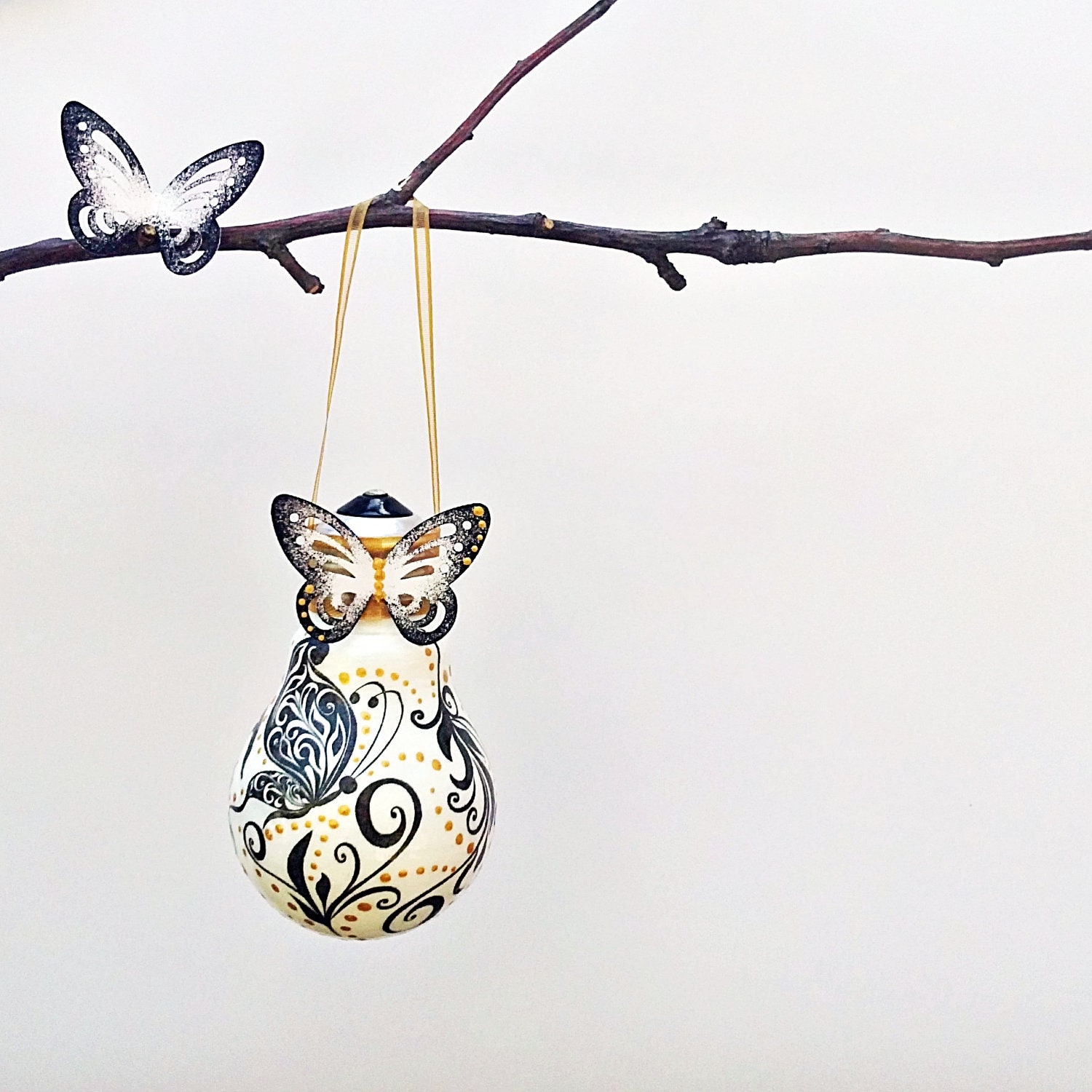 SALE 20% Handmade Decoupage Glass Bulb Decorated with Butterflies Painted in Black, White and Gold