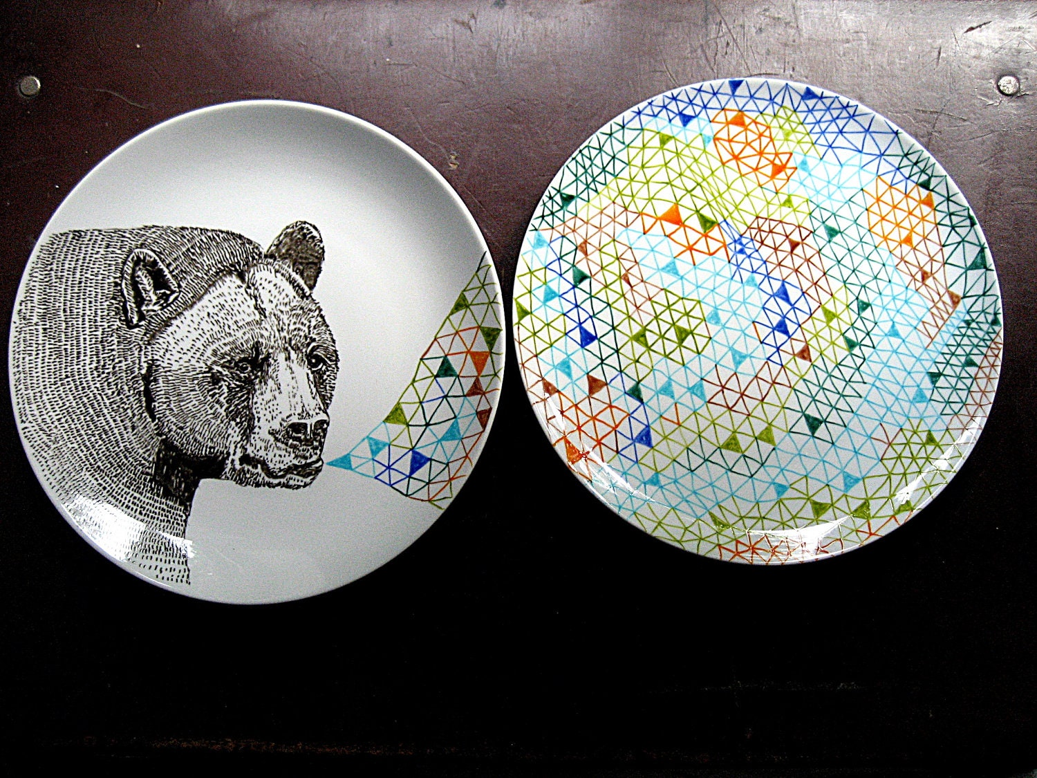 Black Bear Geometric Design Plates hand illustrated porcelain Set of two
