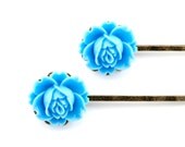 Light Blue Rose Hairpins, Set of 2 Sky Blue Flower Bobby Pins, Flower Hair Accessory, Antique Bronze, Wedding Bridesmaids Gift