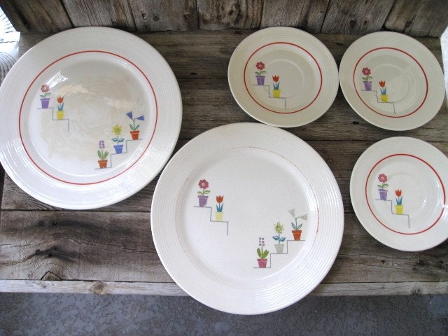 Vintage American Limoges Triumph Posey Shop Dishes Lot of 5, Plates, Saucers, Art Deco, Retro