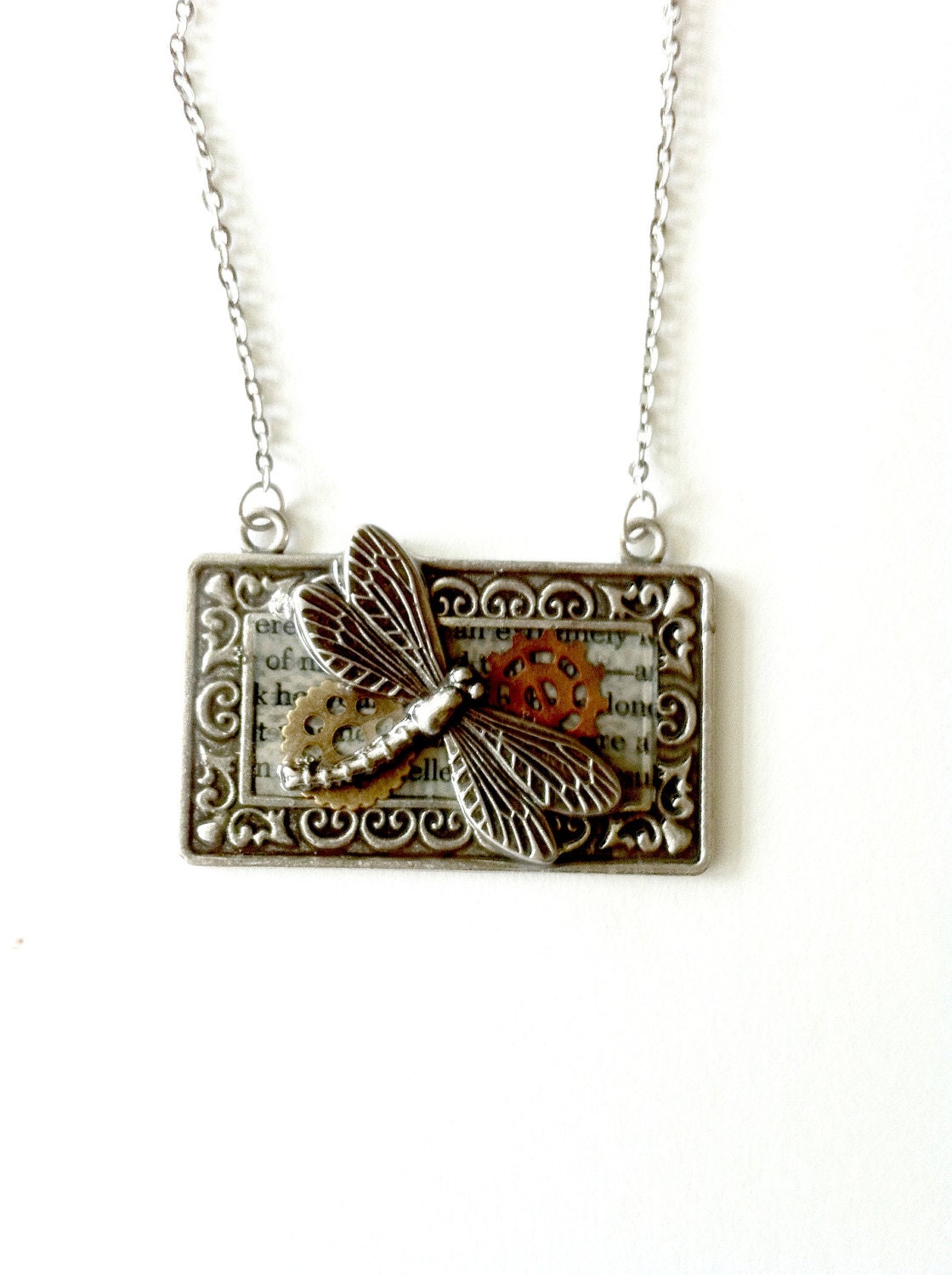 Dragonfly Steampunk necklace mixed metal antique silver Handmade Graduation Gift Free US Shipping