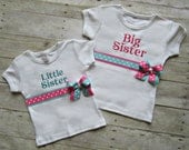 Matching Boutique Sibling Shirts- Personalized Big Sister or Little Sister Ribbon Bow Shirt or Onesie- Shower Gift- Baby Announcement