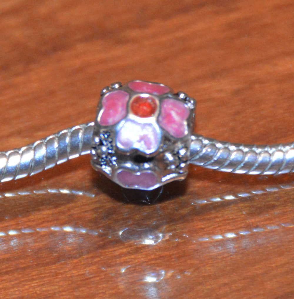 Sterling Silver and Pink Enamel Flower Bead for European Style Bracelets .925