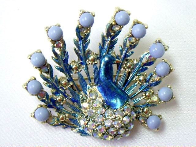 Vintage Peacock Enamel Rhinestone Figural Pin Brooch