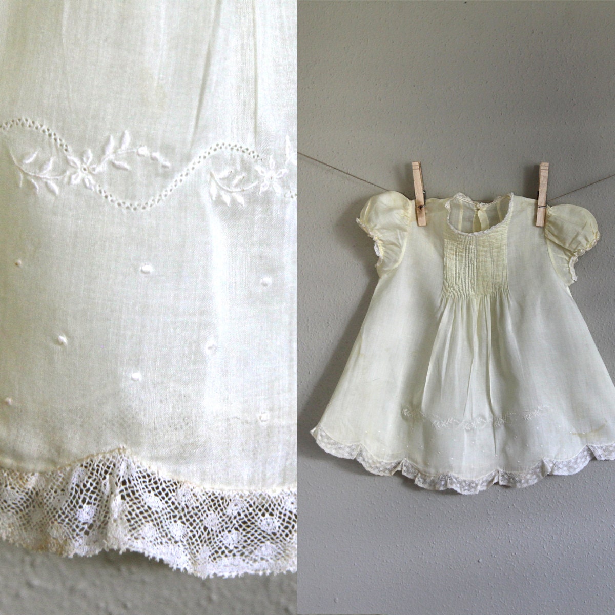 Vintage 3mo Yellow Baby Dress Smocked and Embroidered