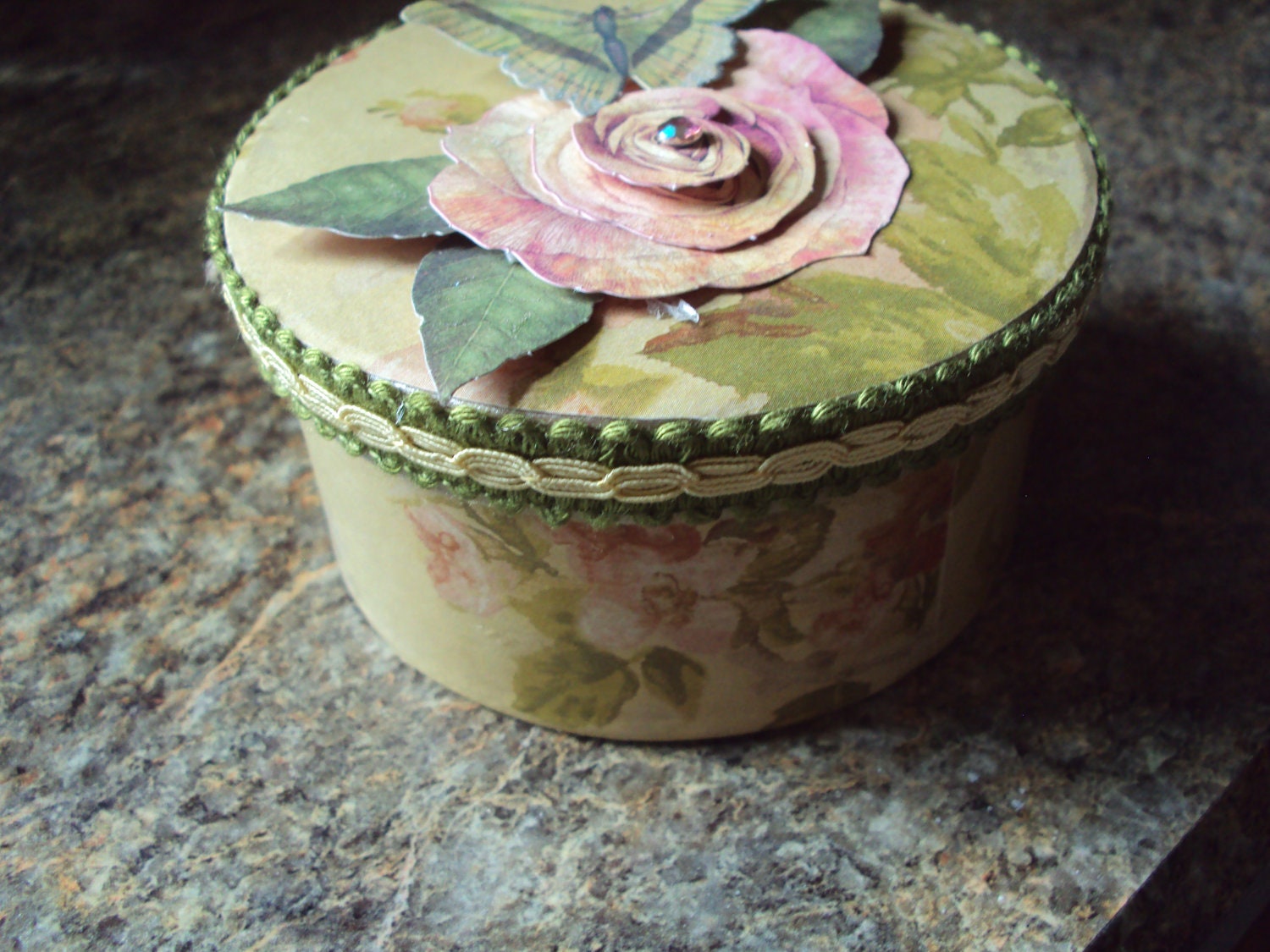 Decoupaged Flower Rose Embellished Round Trinket Jewelry Gift Box All Occasion OOAK Handmade