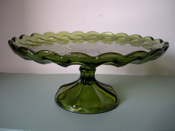 Vintage Green Glass Cake Plate Pedestal Stand By Thenostalgiatree 9505