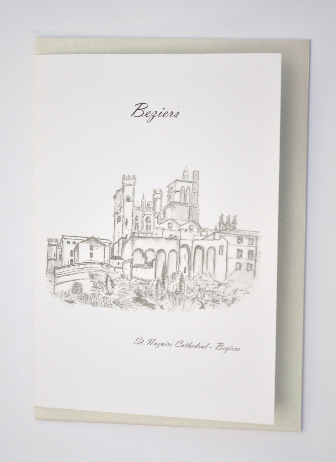 Beziers - St. Nazaire Cathedral original French Beziers pencil art greeting birthday card Bastille Day