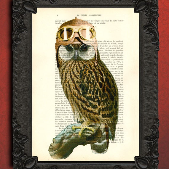 Steampunk pilot owl with pilot hat and pilot goggles dictionary art print - owl wall decor - steampunk owl  print - owl pilot art print