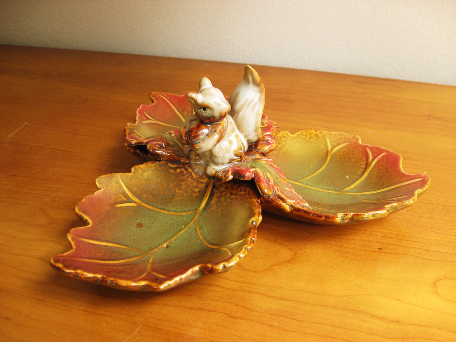 Vintage Ceramic Squirrel Nut Dish, Divided Serving Dish, Autumn Fall Decor