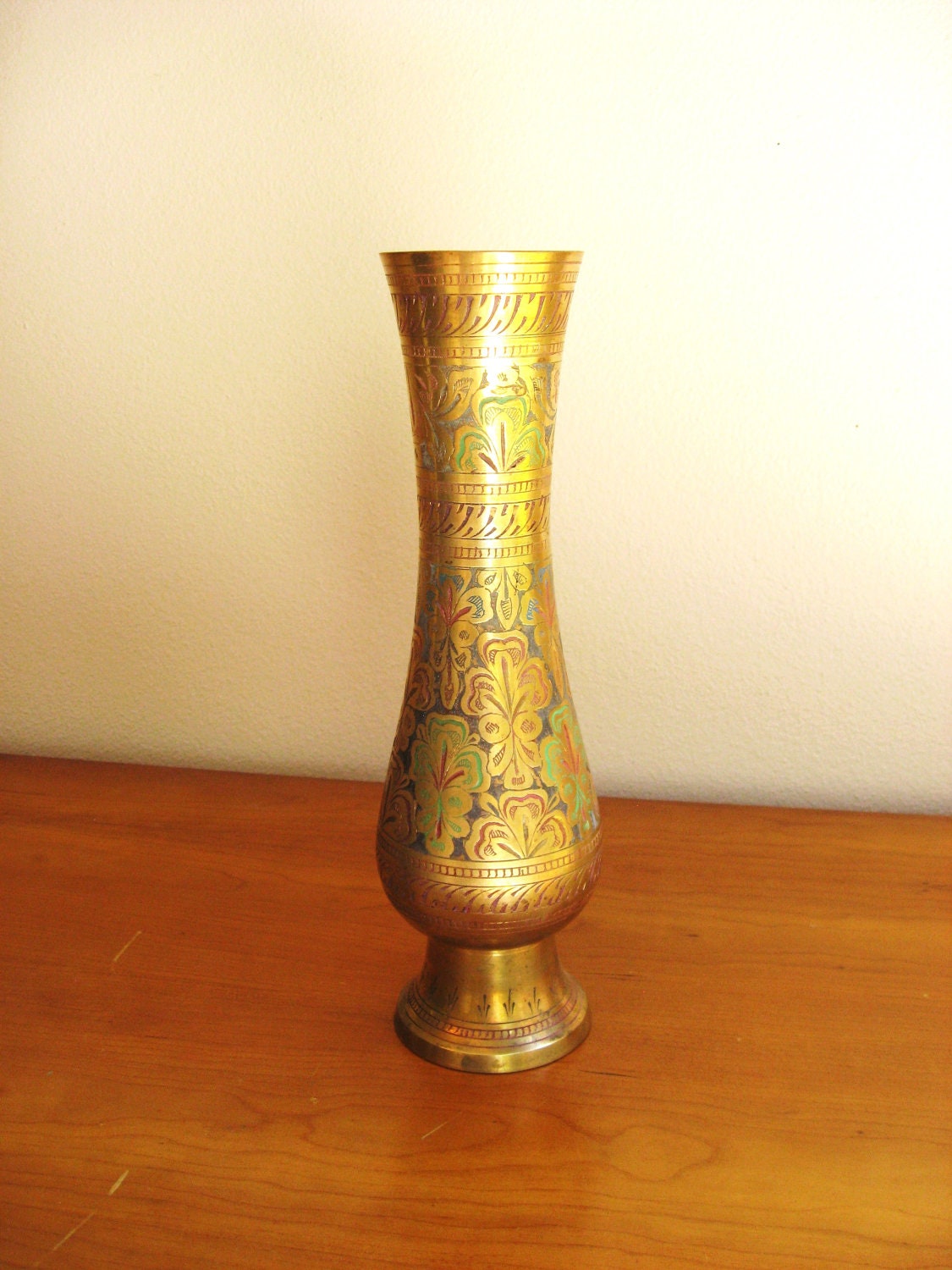 Vintage Solid Brass Vase, Colorful, Tall, Etched, Engraved, India, Indian, Urn