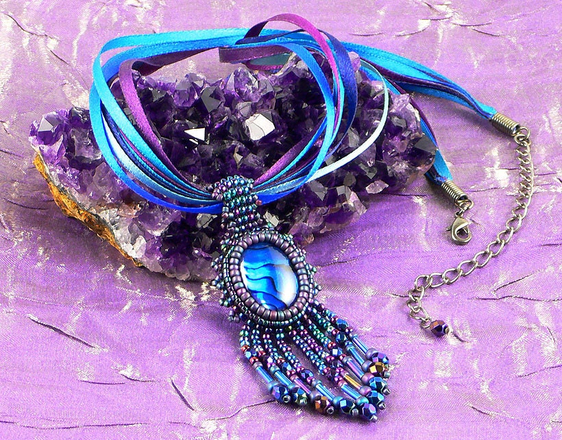 Blue & Purple Hand Beaded Paua Shell Ribbon Necklace - EnchantedSoulUK