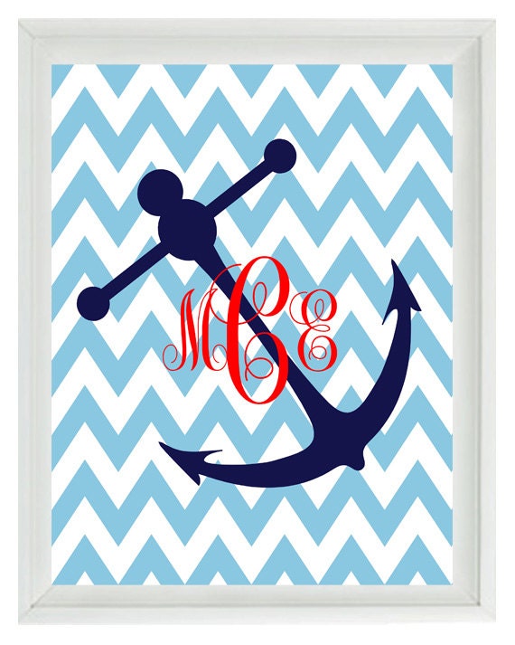 Chevron Monogram Nautical Anchor Art Print - Nursery Beach Room Name  Personalized  - Wall Art Home Decor 8x10 Print
