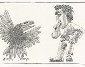 Poet, With Muse: Original drawing, black, white, intricate textures, fine detail, wit, whimsy, a fine art print.
