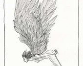 Fearless: original drawing, woman with wings, black, white, intricate textures, fine detail, wild, free, a fine art print.