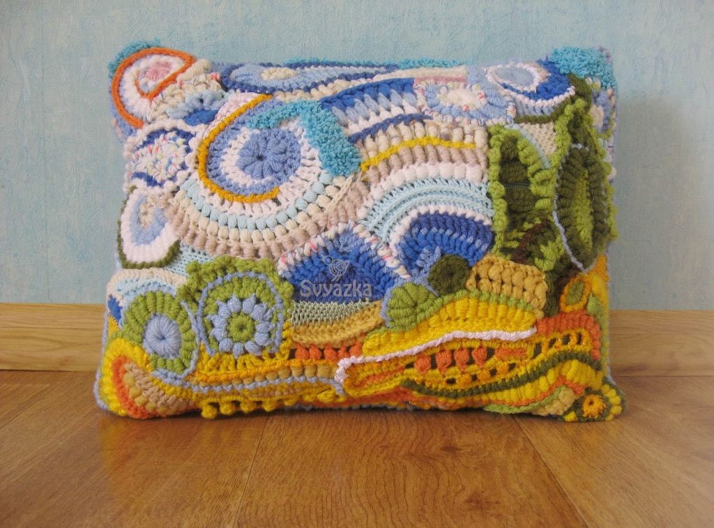 OOAK Crochet freeform ART pillowcase Van Gogh The Wheat Field with Cypresses