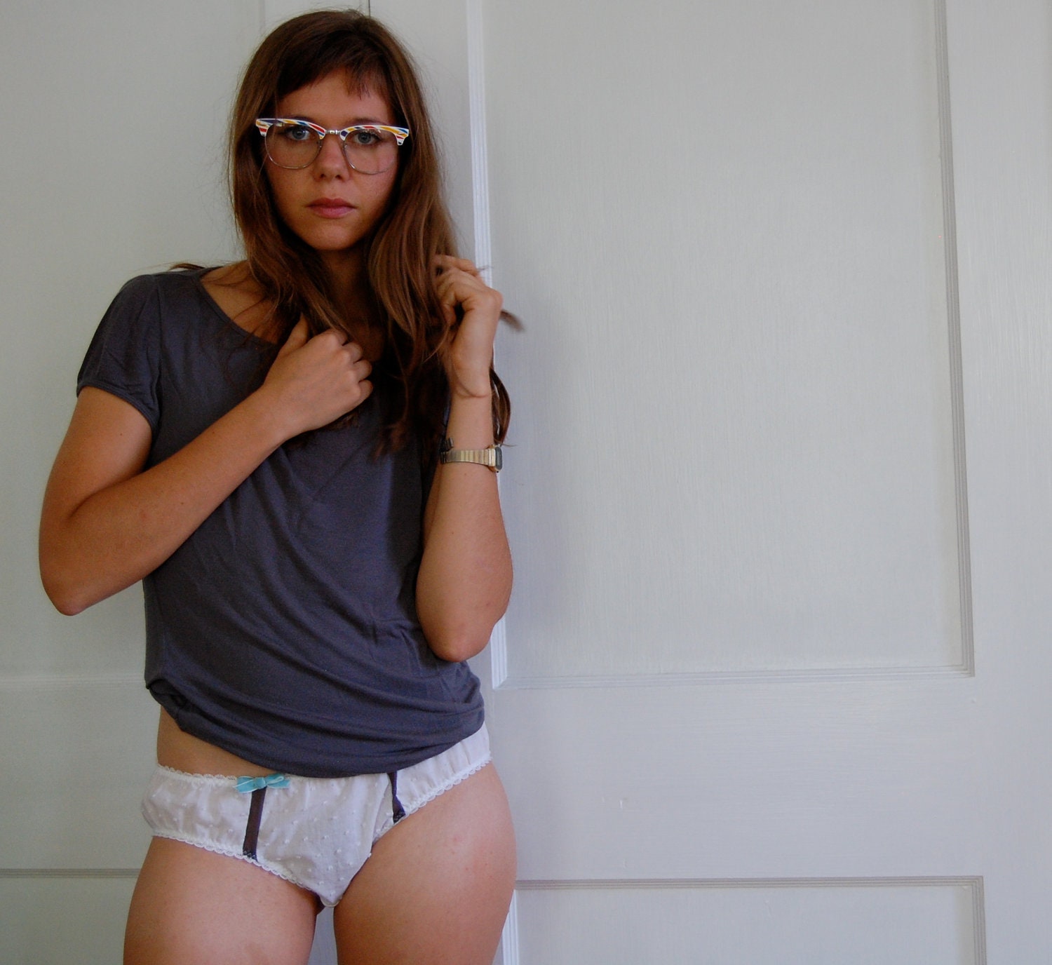 Silk Stripe Briefs in Charcoal Gray Chiffon