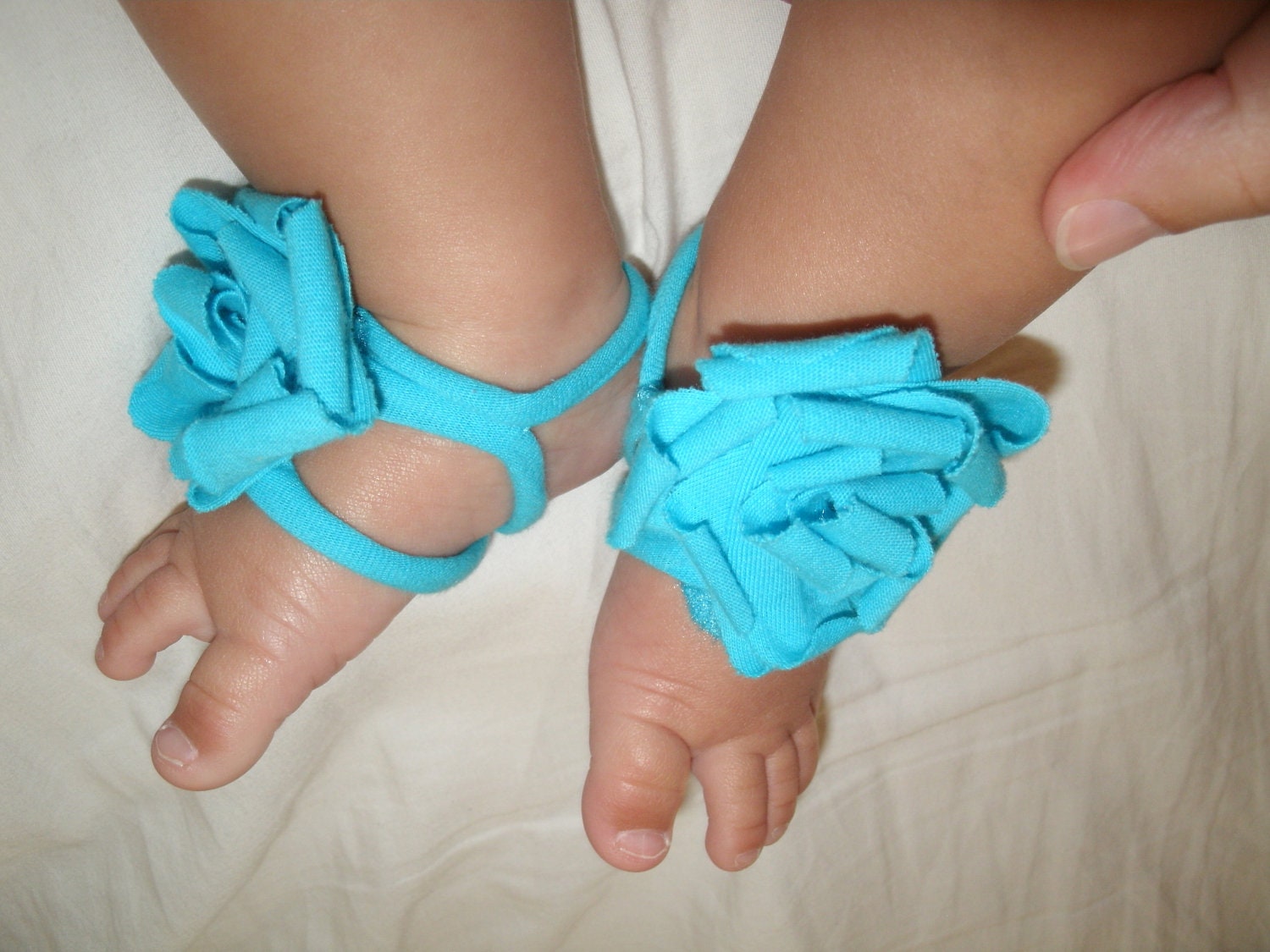 Baby Barefoot Sandals-Super Soft Cotton-Crawl Proof-Aqua Blue Floral