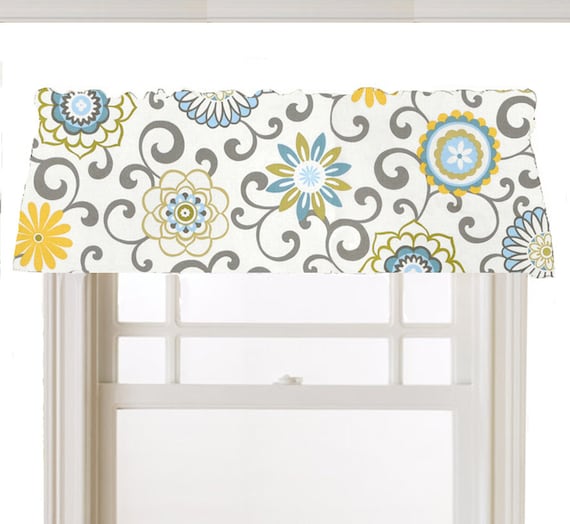 Window Topper Valance Lined  Mod Flowers  Gray, White, Yellow, Light 