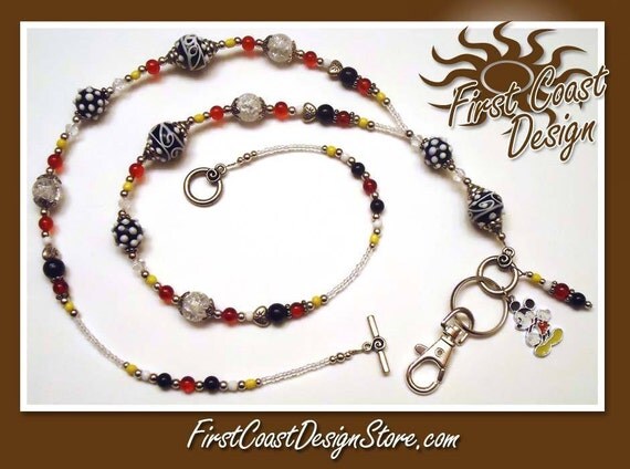 Mickey Mouse Glass Bead Swarovski Crystals Beaded Lanyard ID Badge Holder