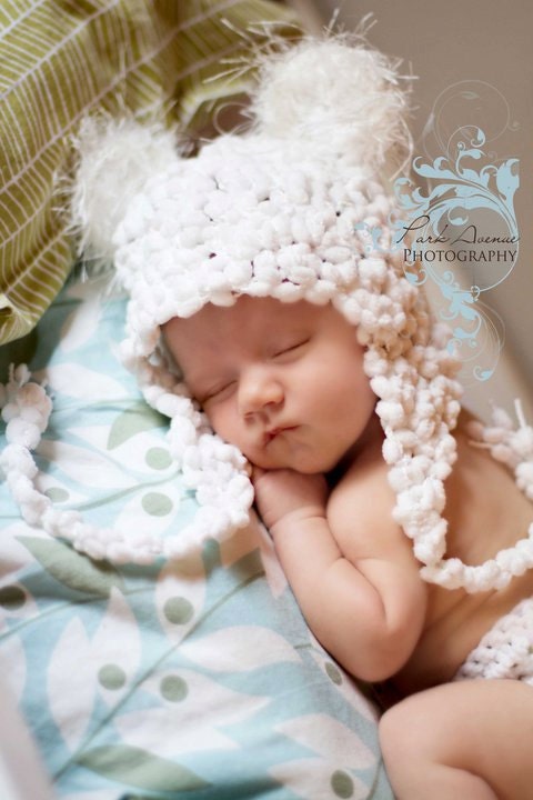 Little White Bear ear flap hat in newborn size