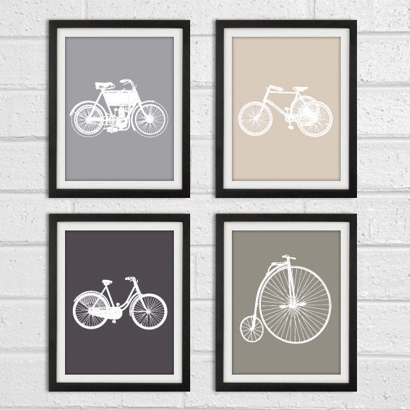 Bicycle Vintage Wall Art Print - White and Grey - Home Decor Art Print Set of 4 8x10 Print