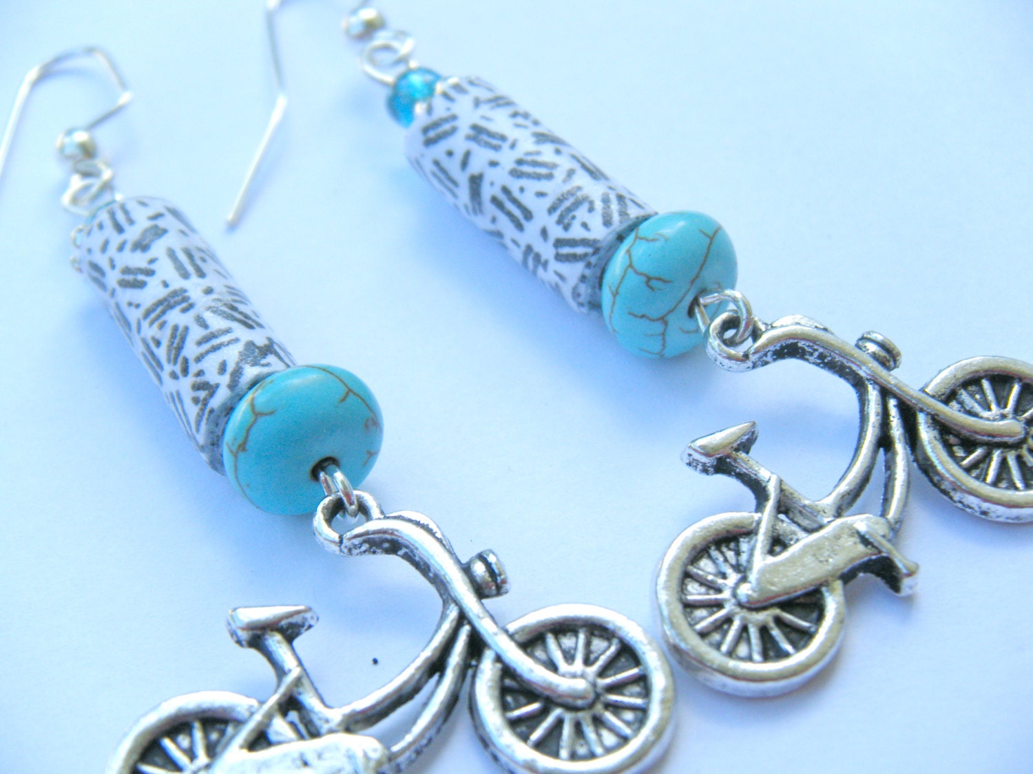 OOAK Bike Bicycle Cycling Earrings Black White Paper Beads Turquoise Silver Recycled Dangling WIre Hook Upcycled Repurposed Mail Jewelry