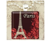 Paris Eiffel Tower Glass Pendant Necklace, 1 inch square with silver bail and 24 inch silver ball chain with connector