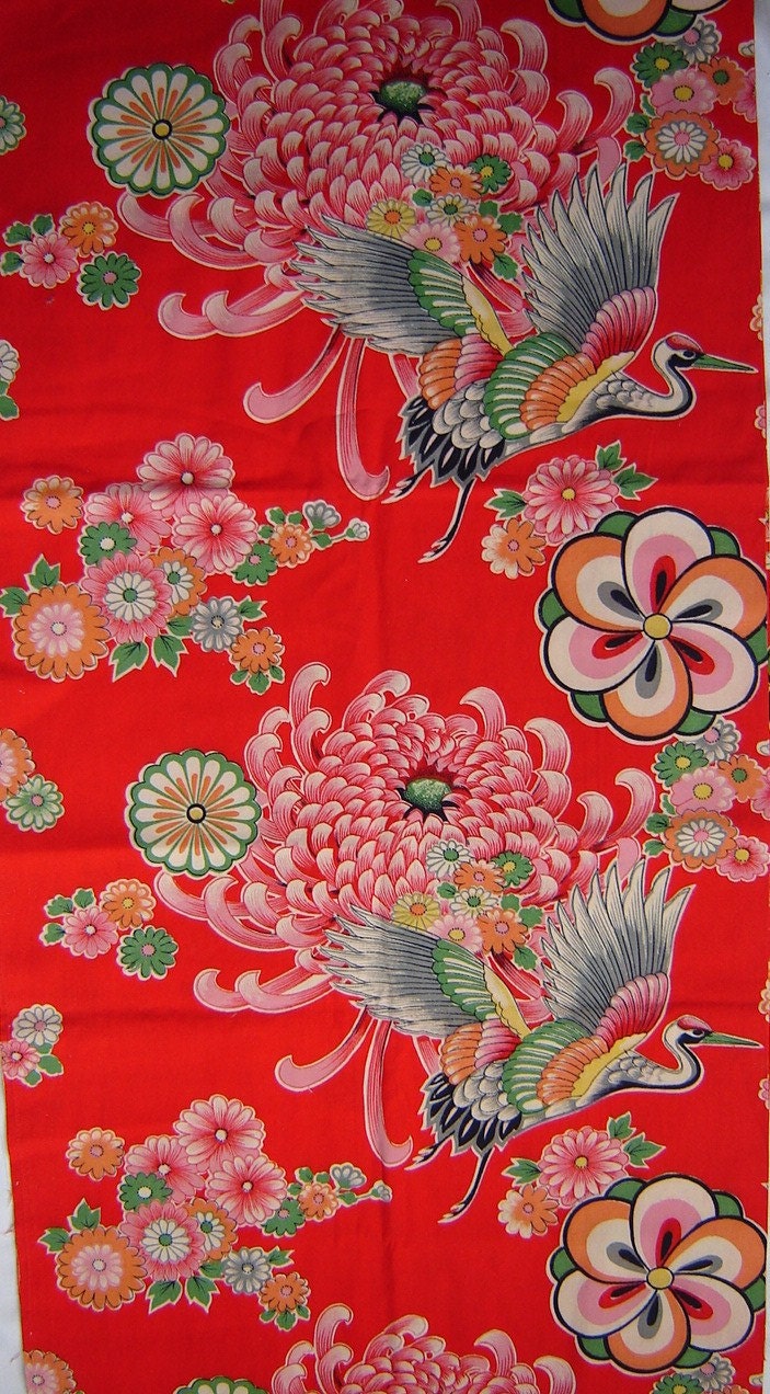 Antique Cotton 35 inches wide Vintage 1920's Fabric Large Scale Floral Turkey Red Bird of Paradise HALF YARD