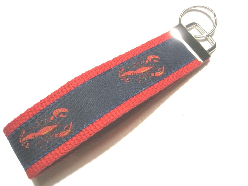 Key Chain...Key Fob...Wristlet...Lanyard...Camera Strap- Red Lobsters on Navy Blue- Wedding Party Favor