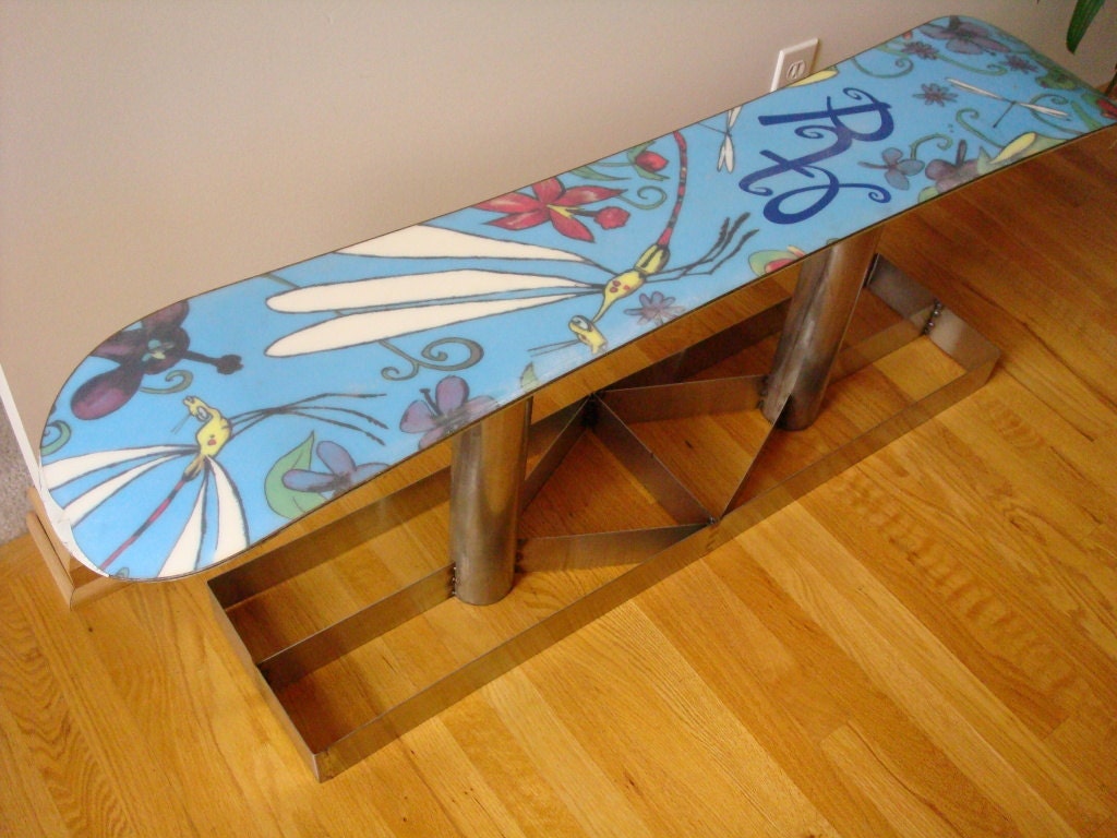 ZZIV Stainless Steel Bi-Polar Functional Modern Art Snowboard Bench Coffee Table Fancy Baby Blue Purple Fireflies Home Decor SteamPunk Snow