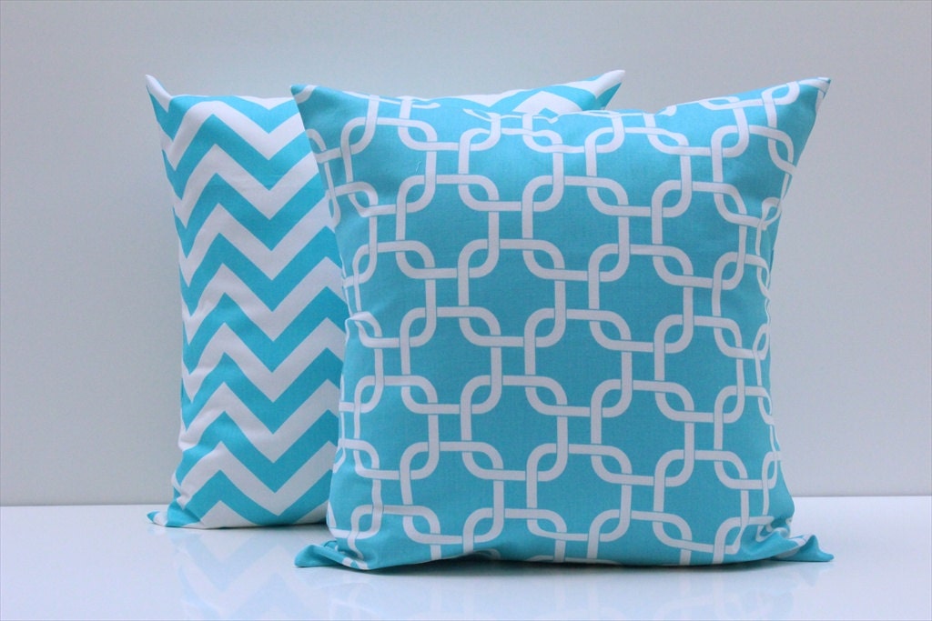 16" Pillow Covers Turquoise Aqua Chevron Zig Zag Pillow Covers 16x16